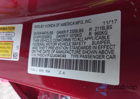 2018 Honda Accord Sport from USA, damaged, VIN 1HGCV1F32JA046349